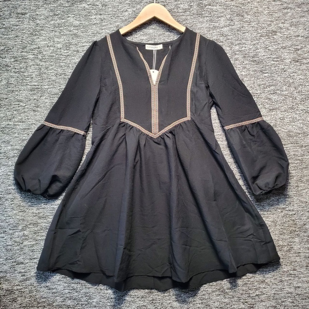 Rusttydustty Boho Babydoll Dress Womens Large Black Balloon Sleeve Cottagecore‎
